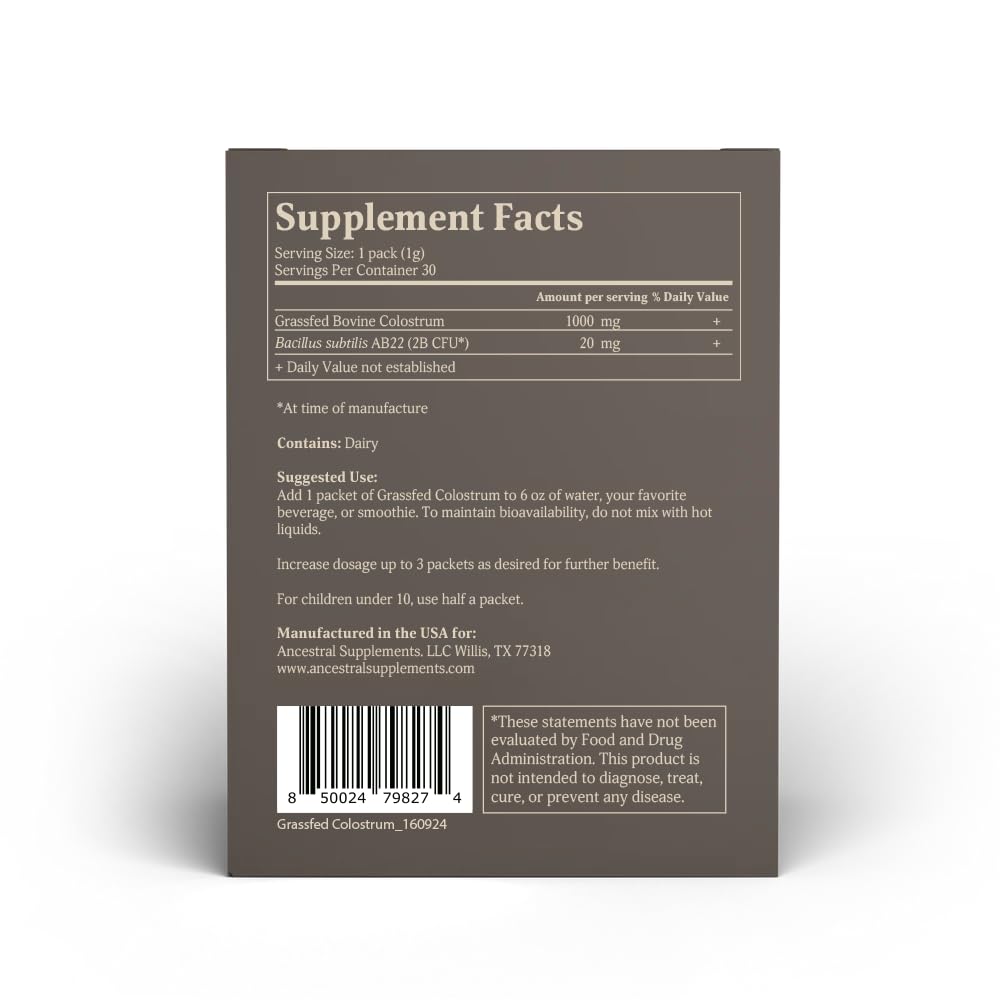 Close-up of colostrum packet highlighting convenient single-serve format.
