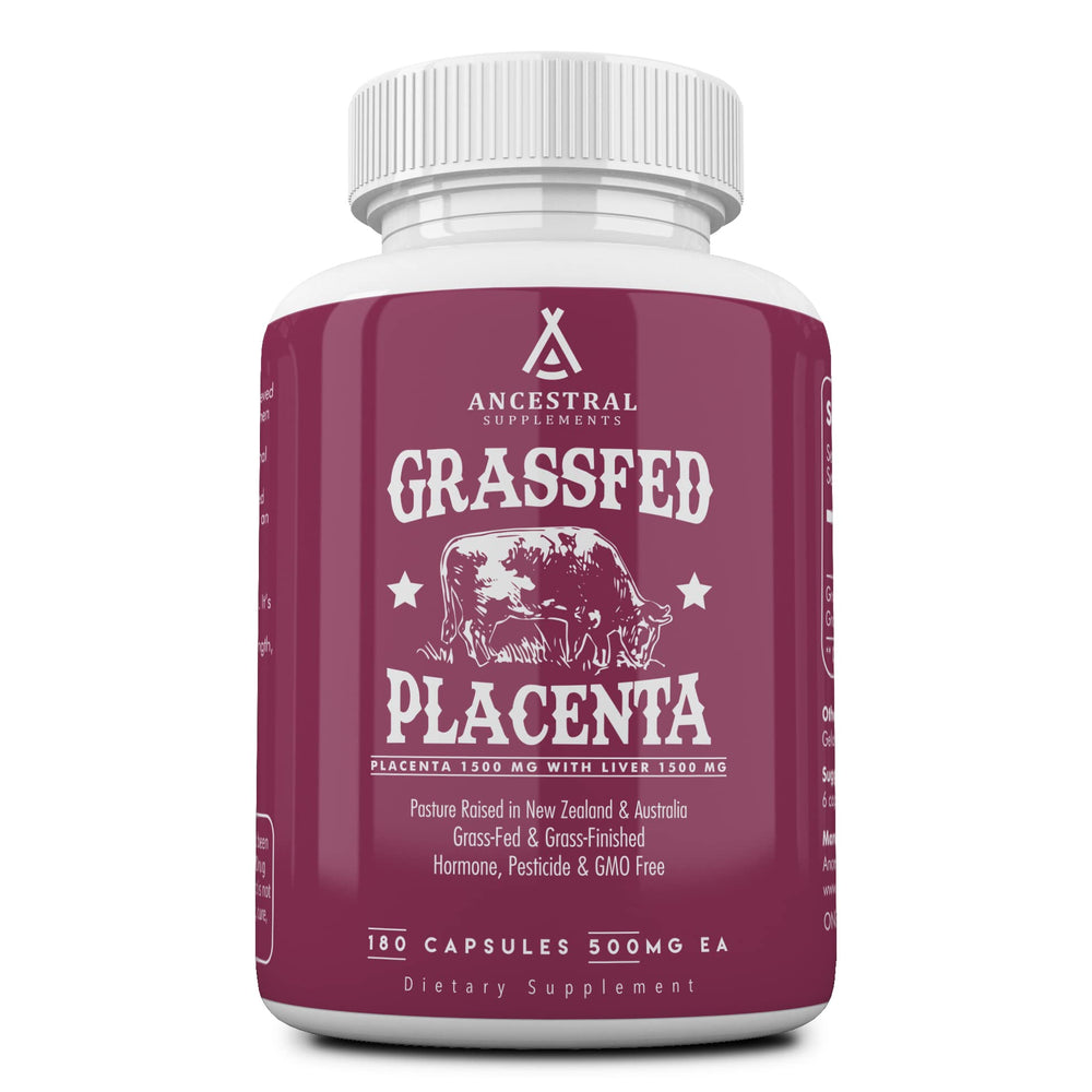 Ancestral Supplements grass-fed placenta and liver capsules bottle; postpartum energy and mood support