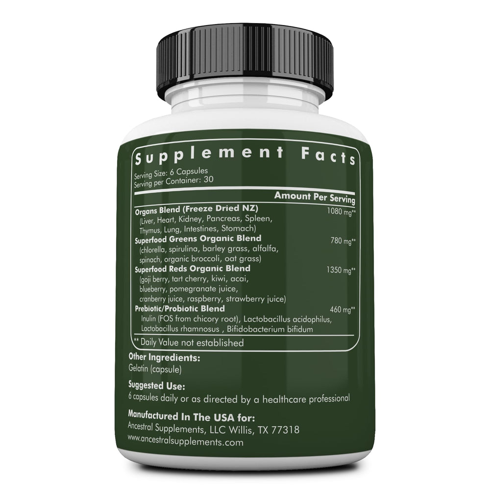 Ancestral Supplements greens and reds blend capsules provide a nutrient-dense daily boost.