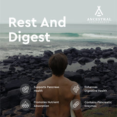 Ancestral Supplements label displays non-GMO, grass-fed pancreas ingredients and serving size