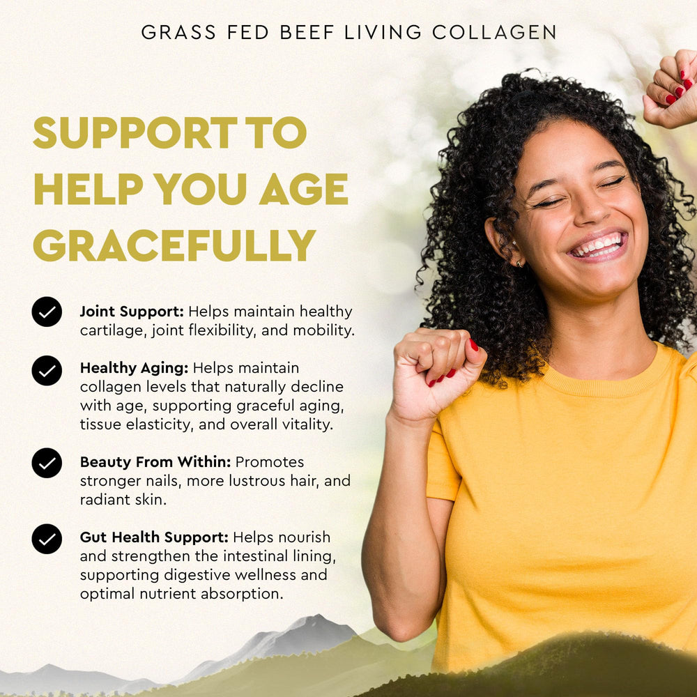 Ancestral Supplements Living Collagen bottle front label emphasizes grass-fed, non-heat-treated source.