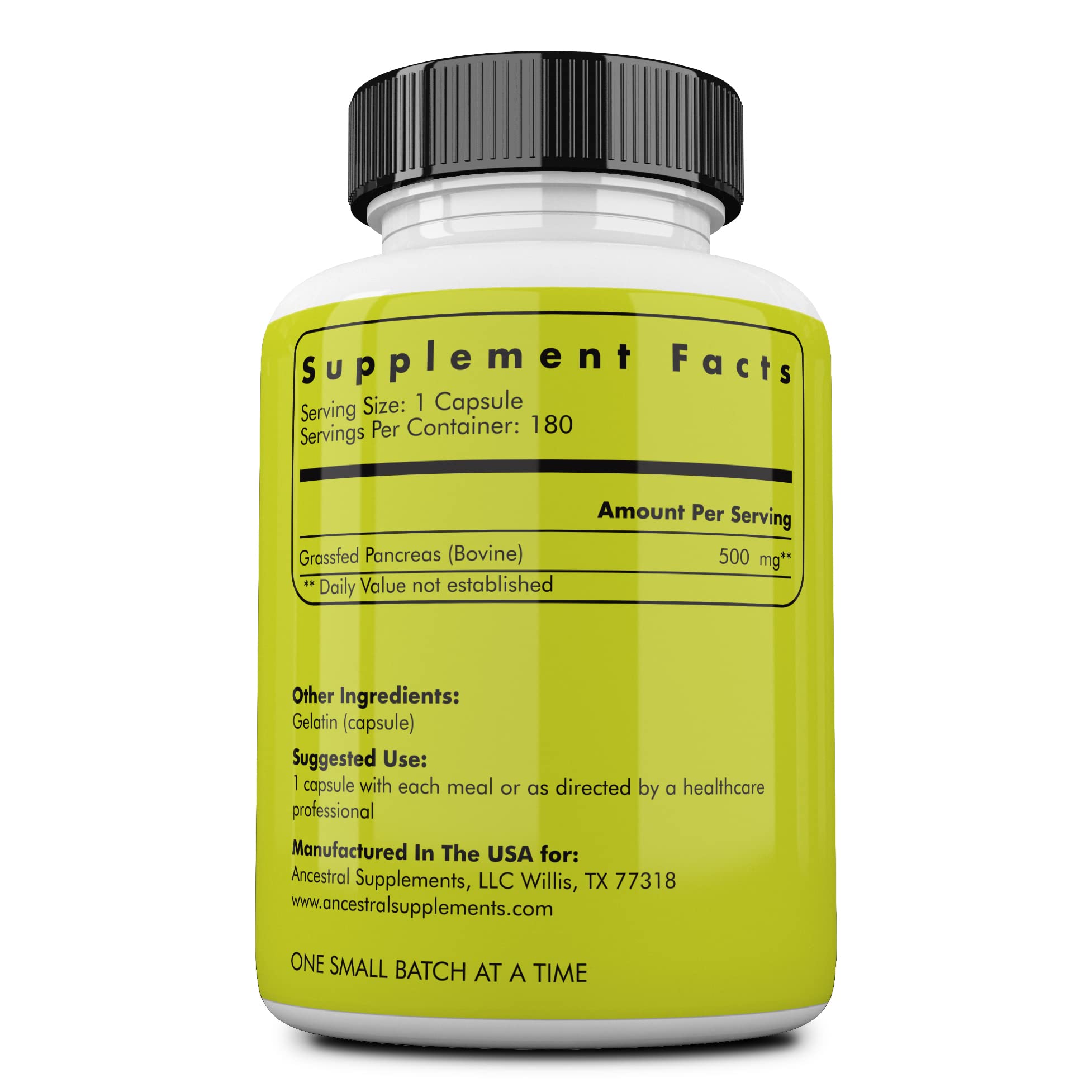 Close-up of Ancestral Supplements pancreas capsules highlighting enzyme-rich formula for digestion