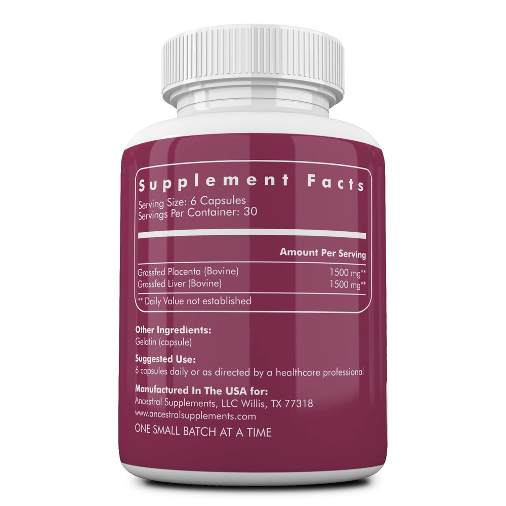 Ancestral Supplements postpartum support capsules; beef liver and placenta for iron and vitamin intake