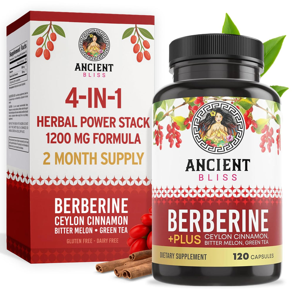 Ancient Bliss Berberine HCL bottle with Cinnamon, Bitter Melon, and Green Tea Extract label