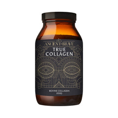 Ancient and Brave True Collagen Powder tub with EU grass-fed peptides for daily use.