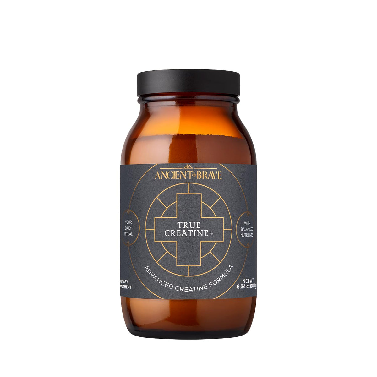 Front view of Ancient + Brave True Creatine+ Monohydrate powder tub (6.34 oz, 30 servings).