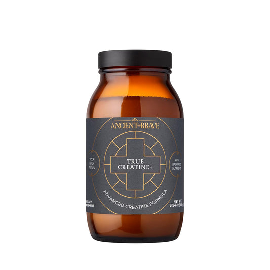 Front view of Ancient + Brave True Creatine+ Monohydrate powder tub (6.34 oz, 30 servings).