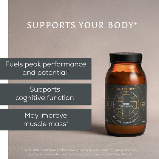 Close-up of True Creatine+ ingredients: Creatine Monohydrate, Taurine, Magnesium, Vitamin D.