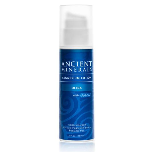 Ancient Minerals Magnesium Lotion Ultra bottle with pump for mess-free use.