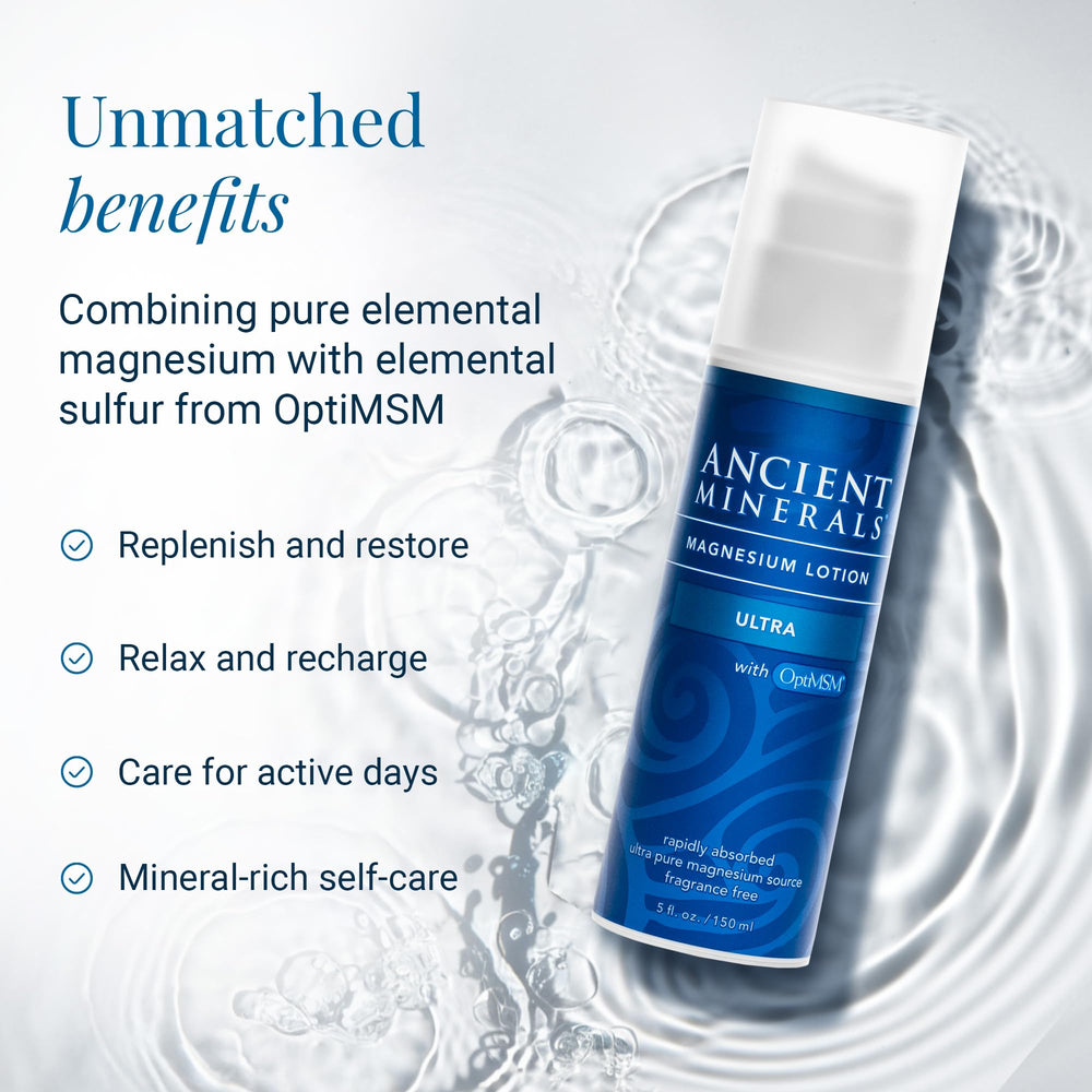 Ancient Minerals Magnesium Lotion Ultra fragrance-free formula on skin for daily comfort.