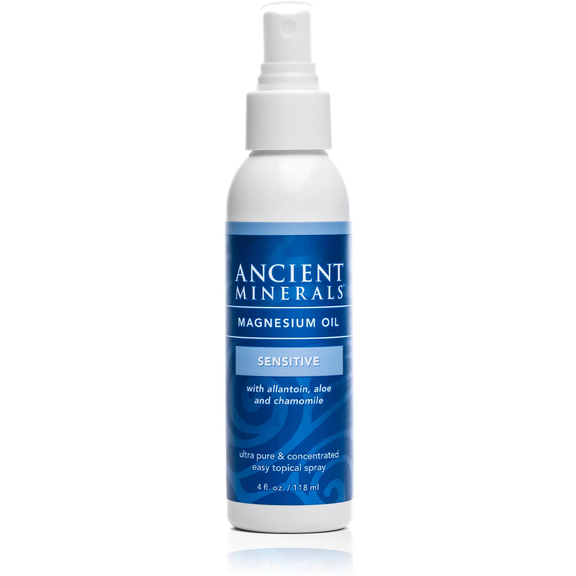 Front view of Ancient Minerals Magnesium Oil Spray Sensitive 4oz bottle