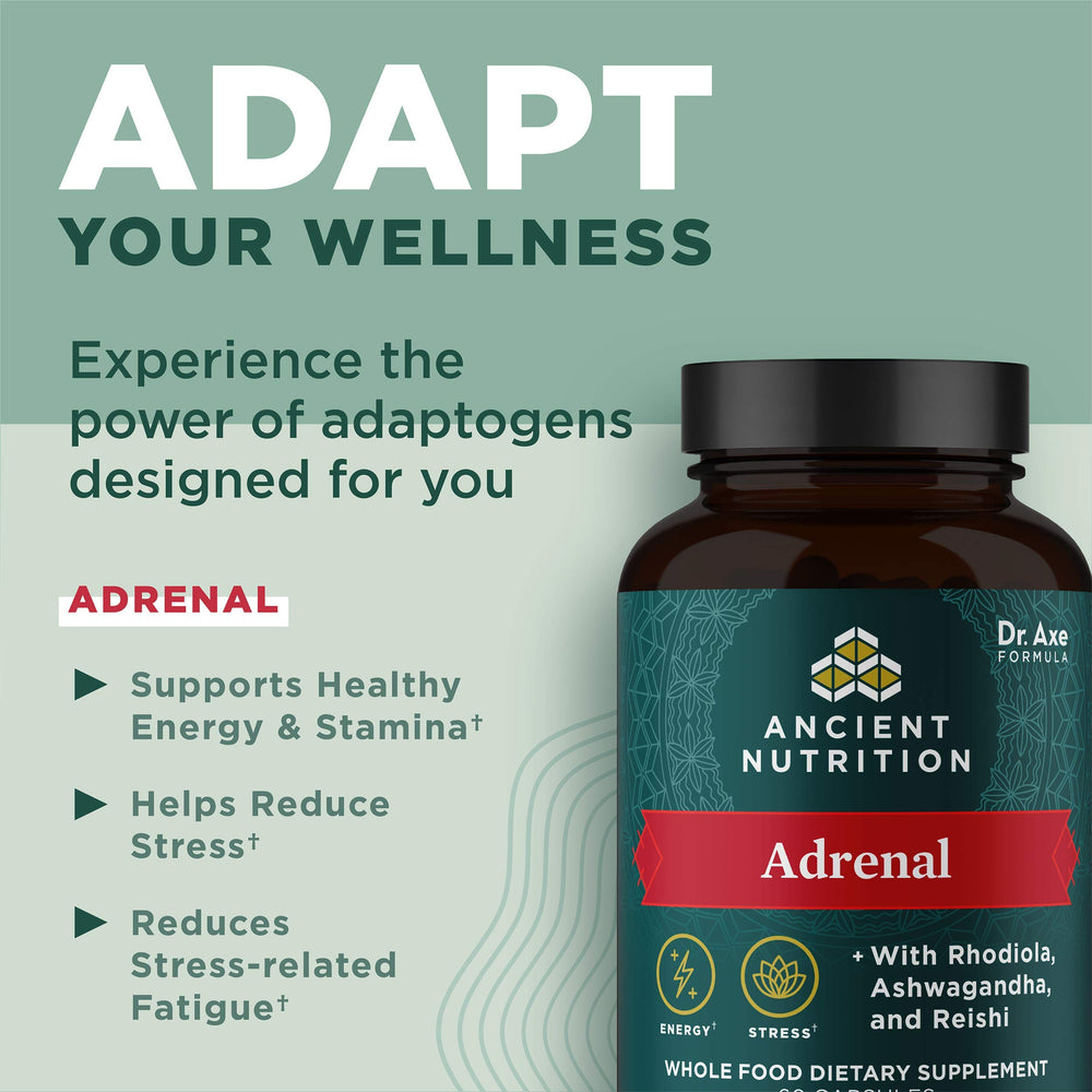 Adrenal Support bottle on a clean surface with nutrition facts