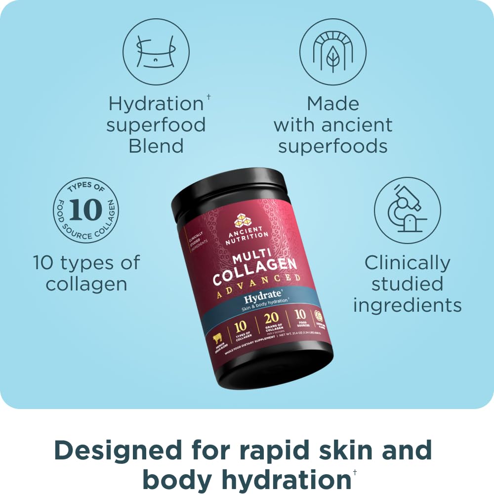 Ancient Nutrition Advanced Multi Collagen Hydrate lemon lime pour showing easy mixing