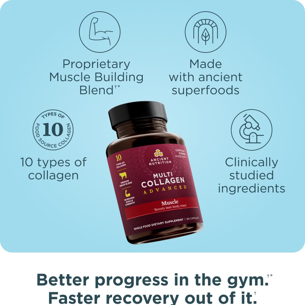 Ancient Nutrition Advanced Multi Collagen label highlights blend for joints and recovery.