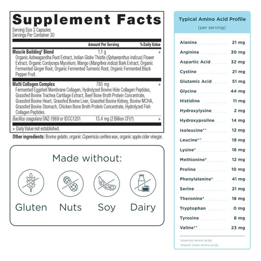 Open bottle with multi collagen protein capsules visible