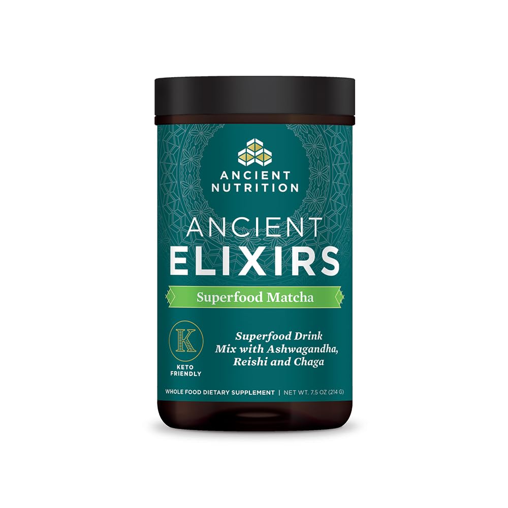 Ancient Nutrition Ancient Elixirs Matcha tub for quick energy boost.
