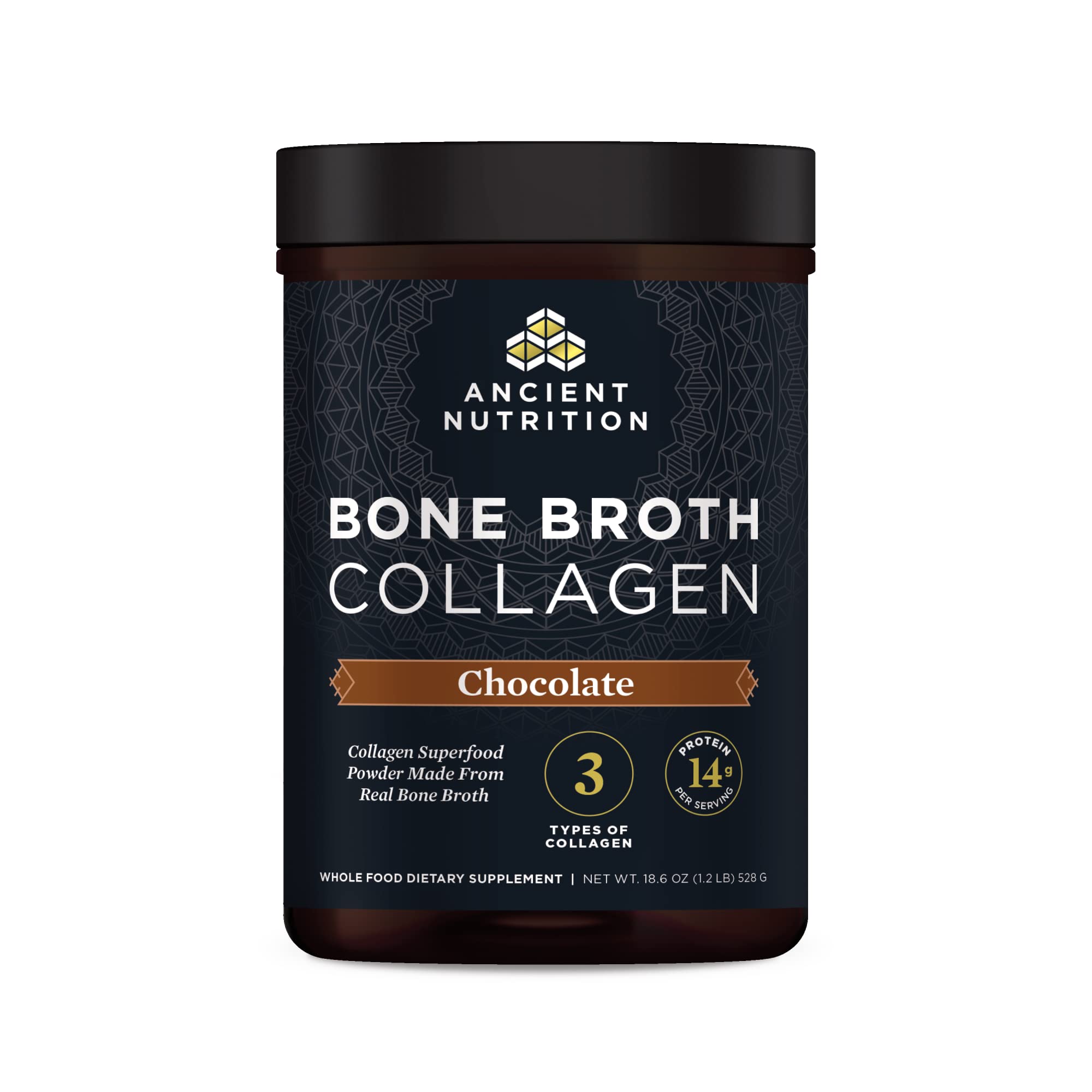 Front view of Ancient Nutrition Bone Broth Collagen Chocolate container