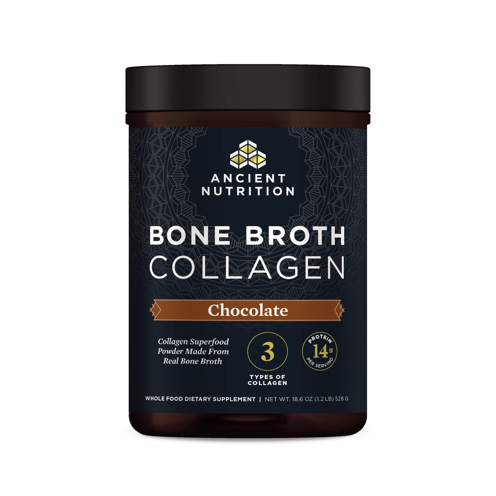 Front view of Ancient Nutrition Bone Broth Collagen Chocolate container