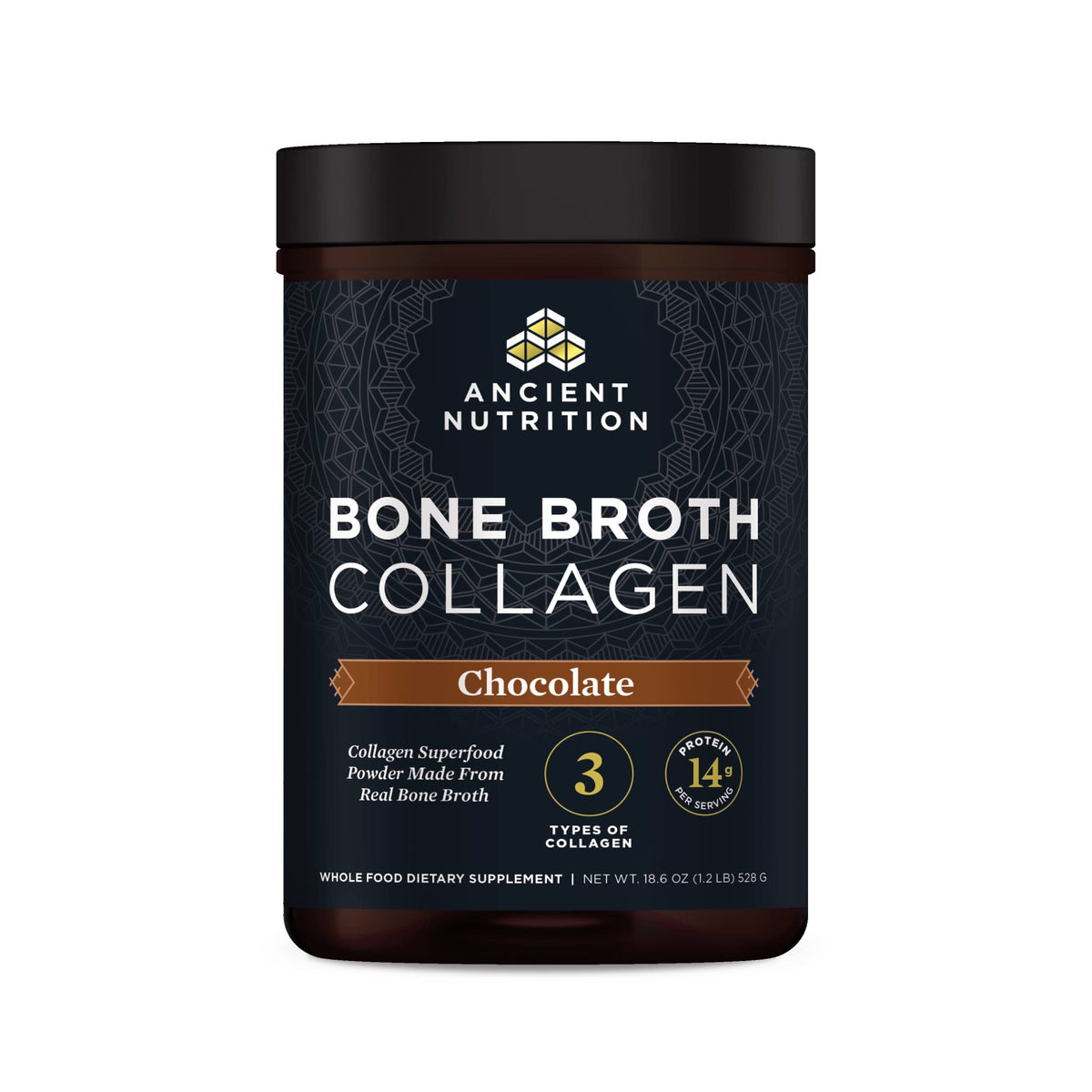 Front view of Ancient Nutrition Bone Broth Collagen Chocolate container