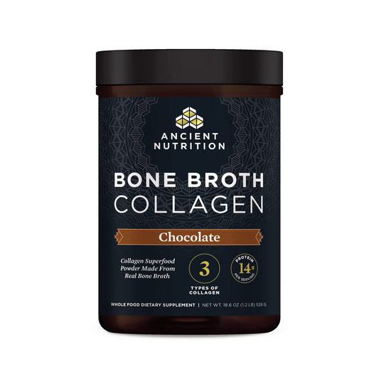 Front view of Ancient Nutrition Bone Broth Collagen Chocolate container