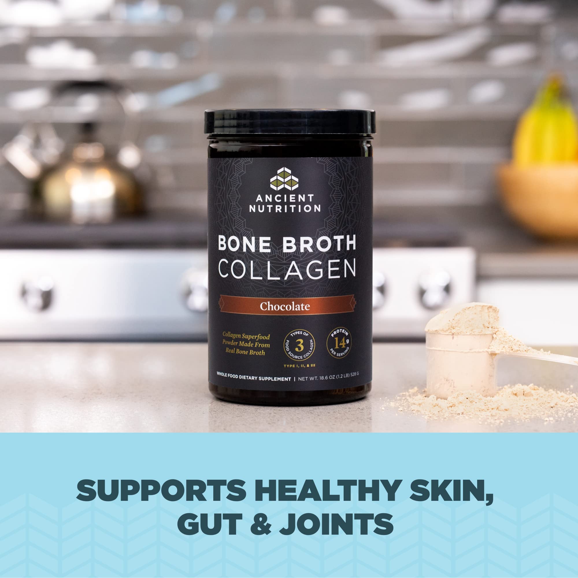 Ingredients panel for Ancient Nutrition bone broth collagen chocolate
