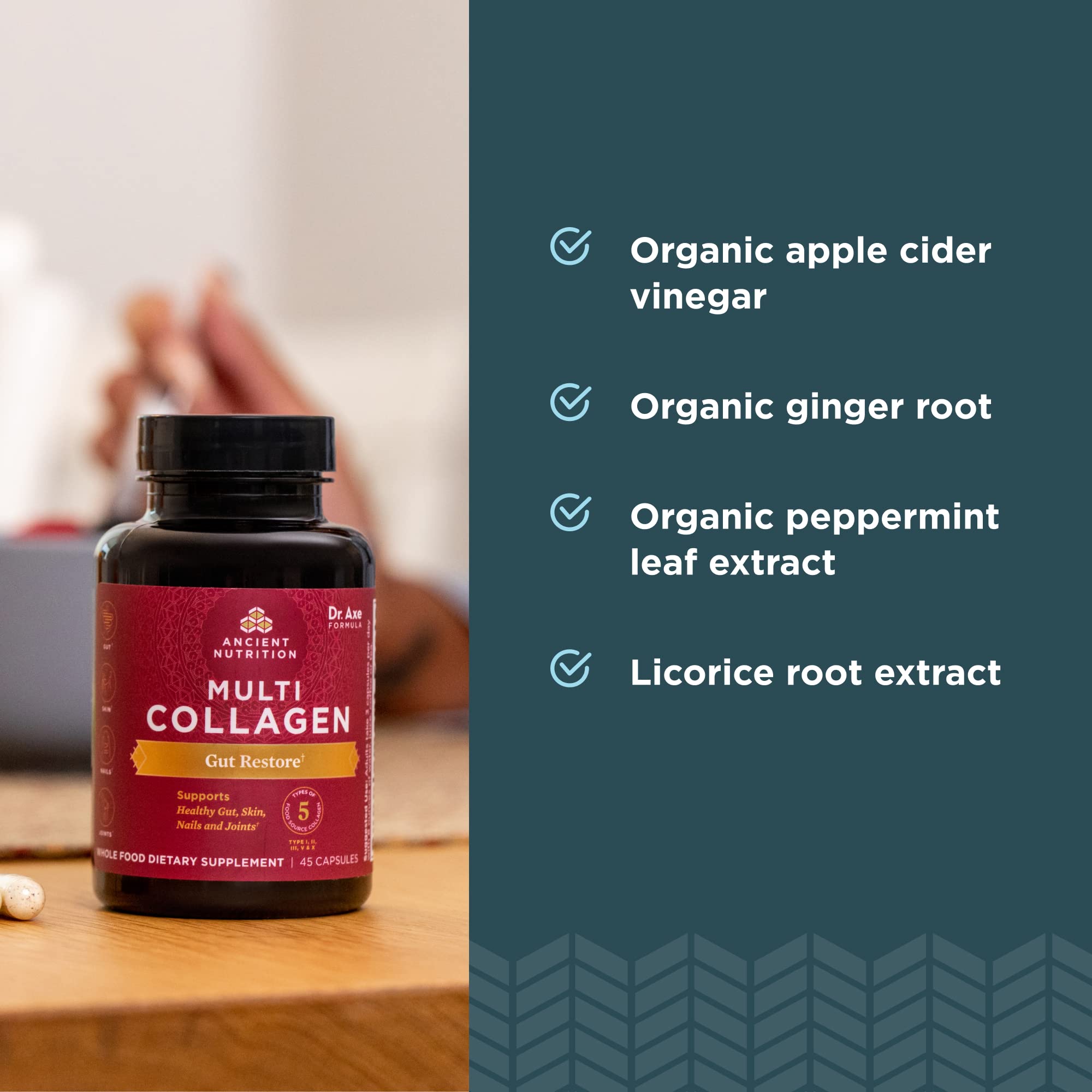 Ancient Nutrition bottle on kitchen counter suggesting easy daily routine