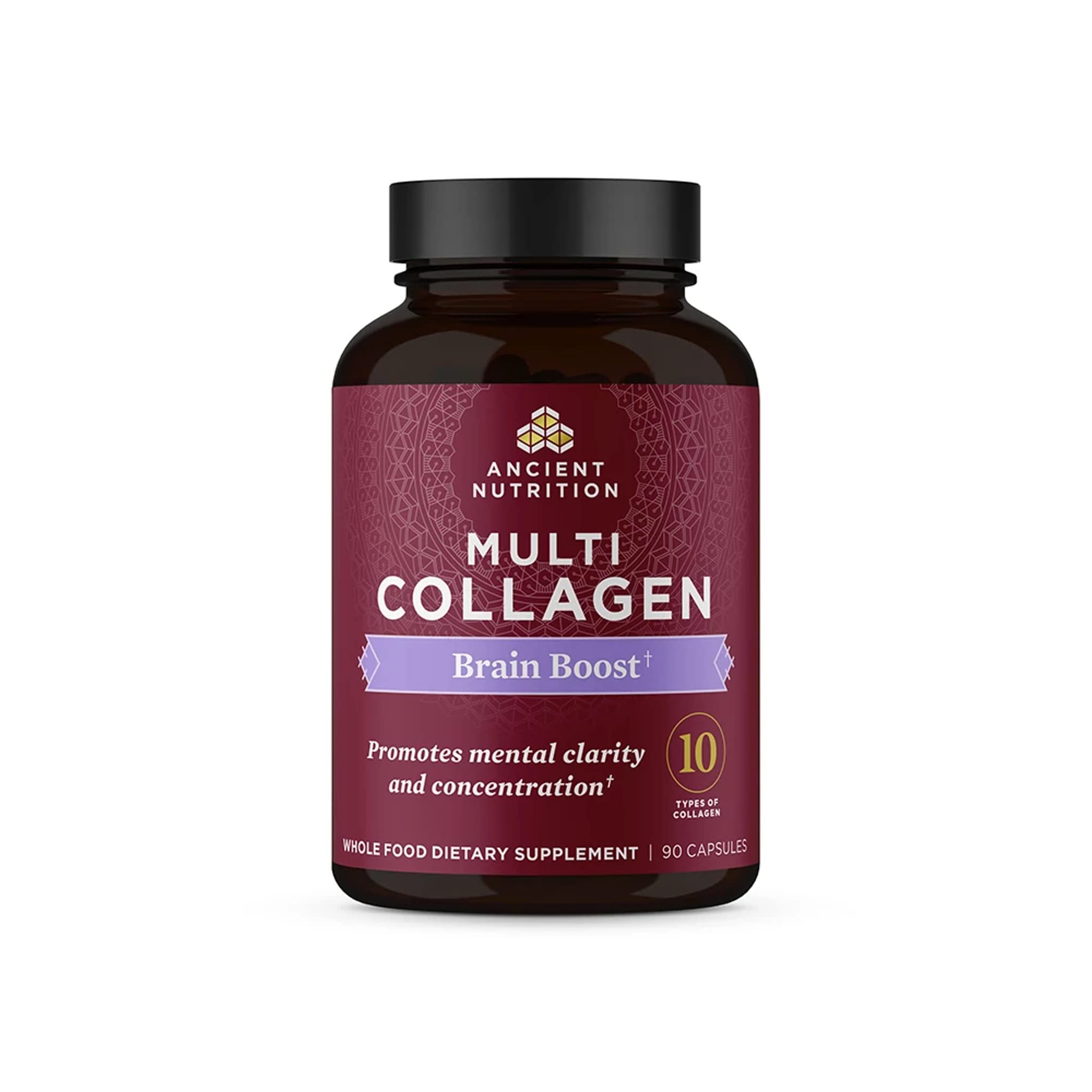 Ancient Nutrition Collagen Brain Boost bottle with 90 capsules for joint comfort and skin support.