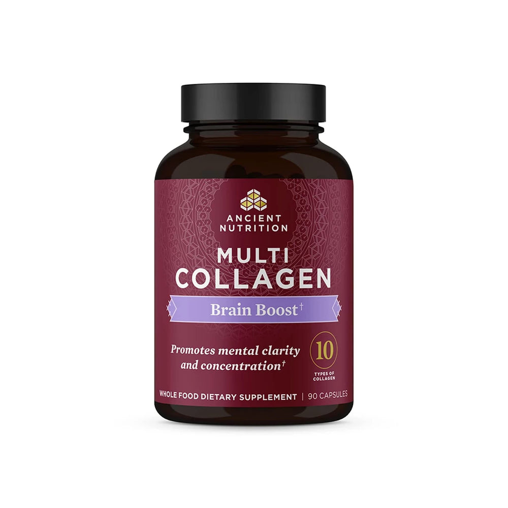 Ancient Nutrition Collagen Brain Boost bottle with 90 capsules for joint comfort and skin support.