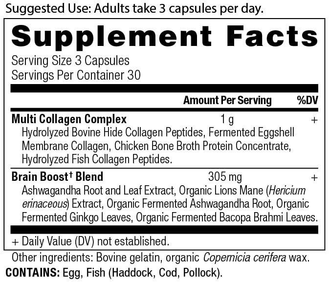 Ingredients and nutrition label for Collagen Brain Boost