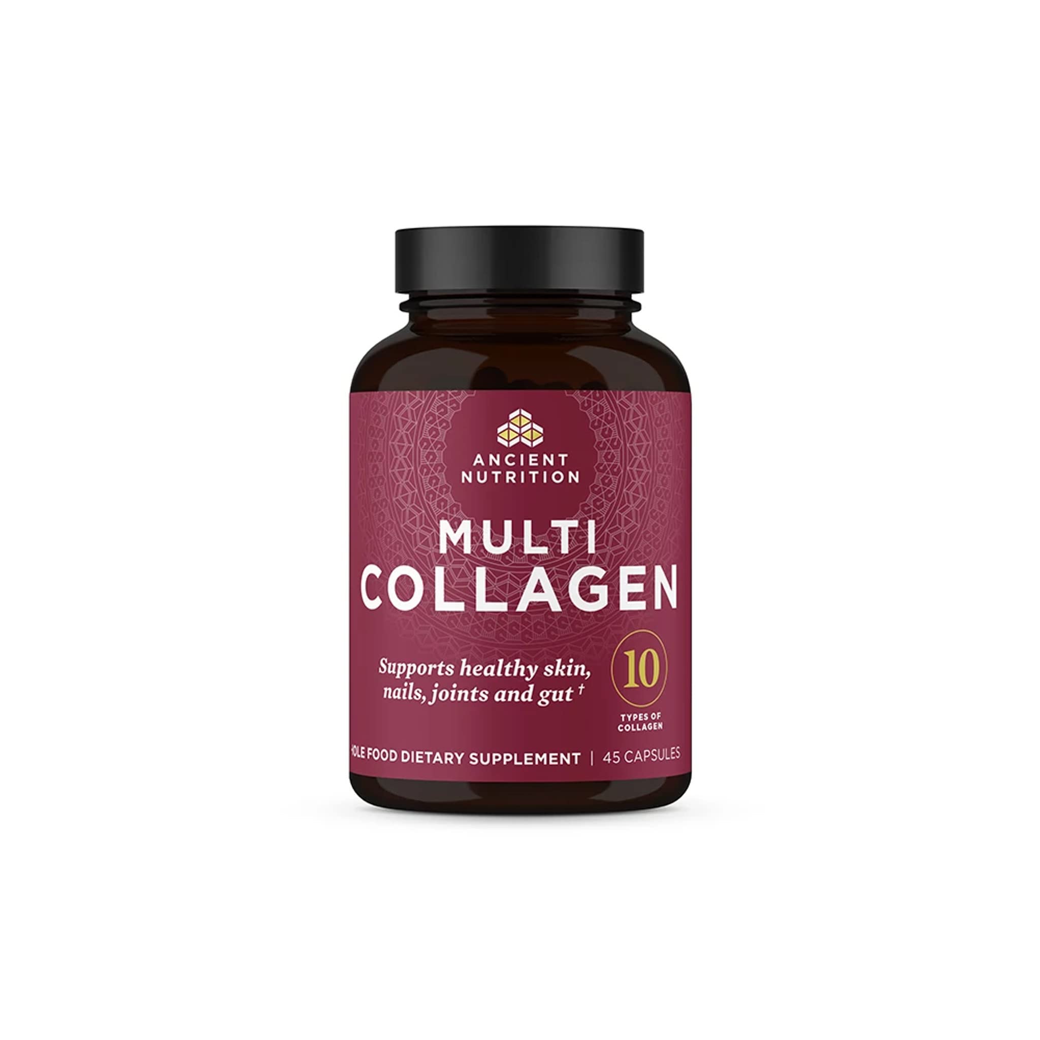 Bottle of Ancient Nutrition Hydrolyzed Multi-Collagen Pills showing 45-count and collagen types I, II, III, V, and X