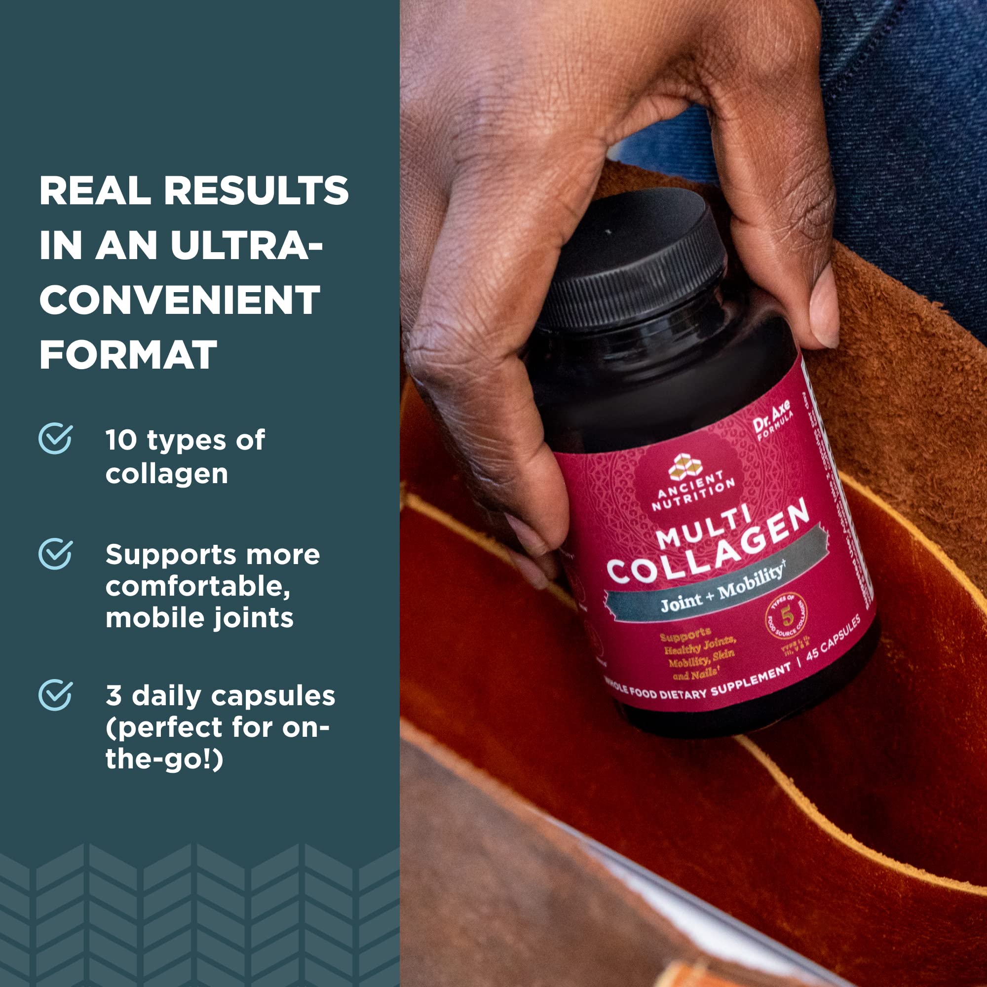 Ancient Nutrition collagen pills label showing quality sourcing for joint health.