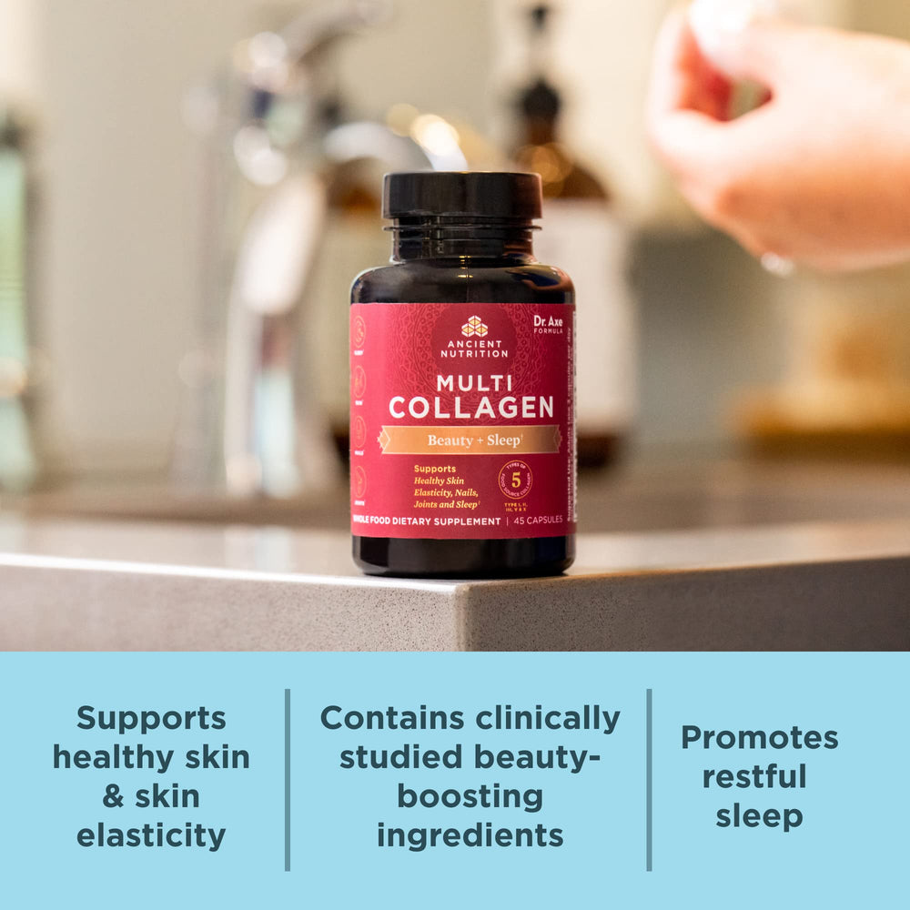 Nightstand setup with Ancient Nutrition collagen pills suggesting restful sleep support.