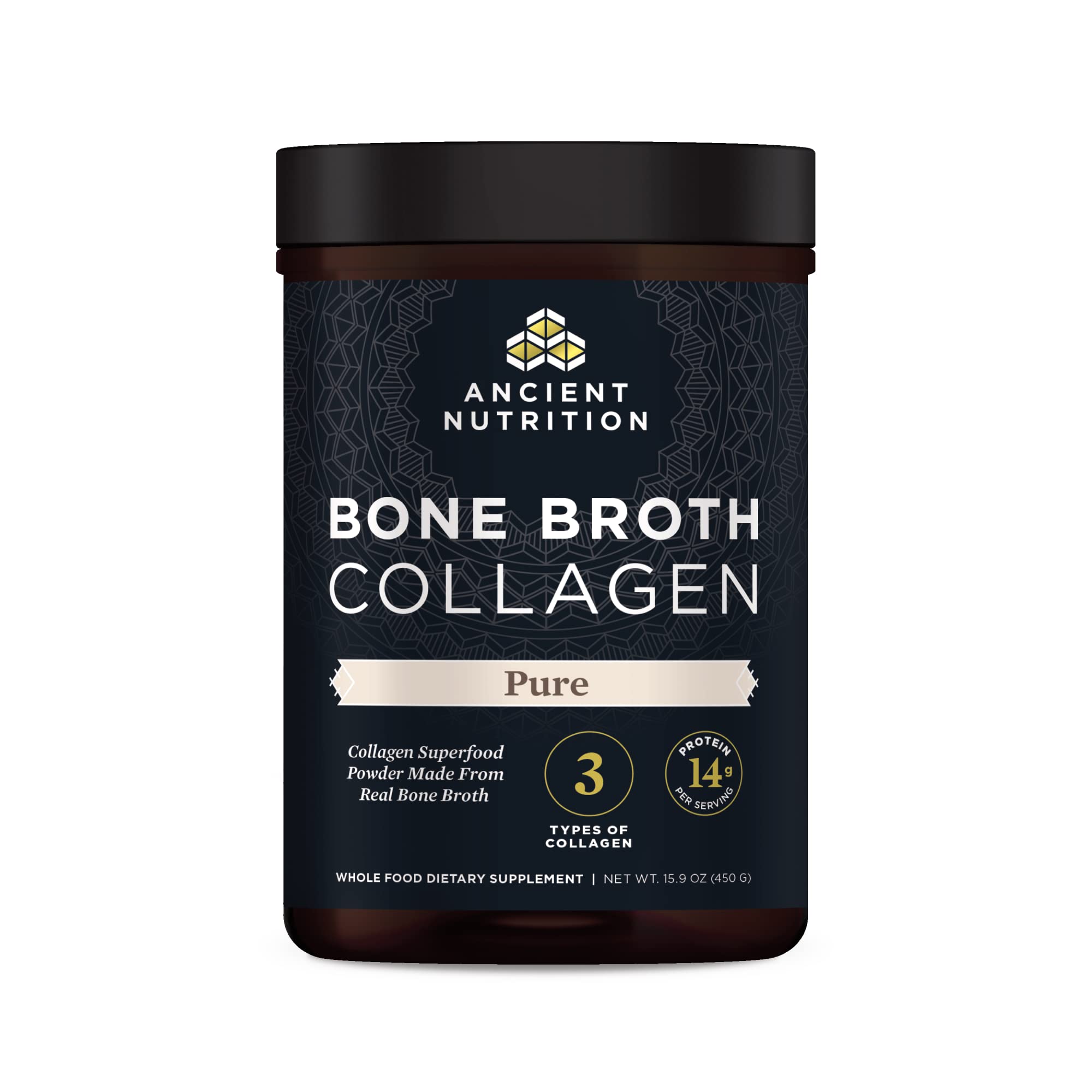 Front label of Ancient Nutrition Bone Broth Collagen Powder 15.9oz