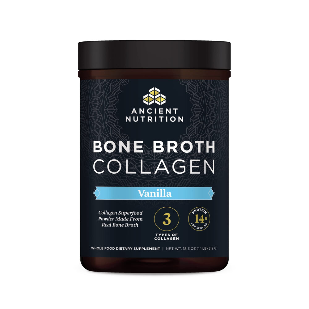 Ancient Nutrition Bone Broth Collagen Powder Vanilla bottle with scoop