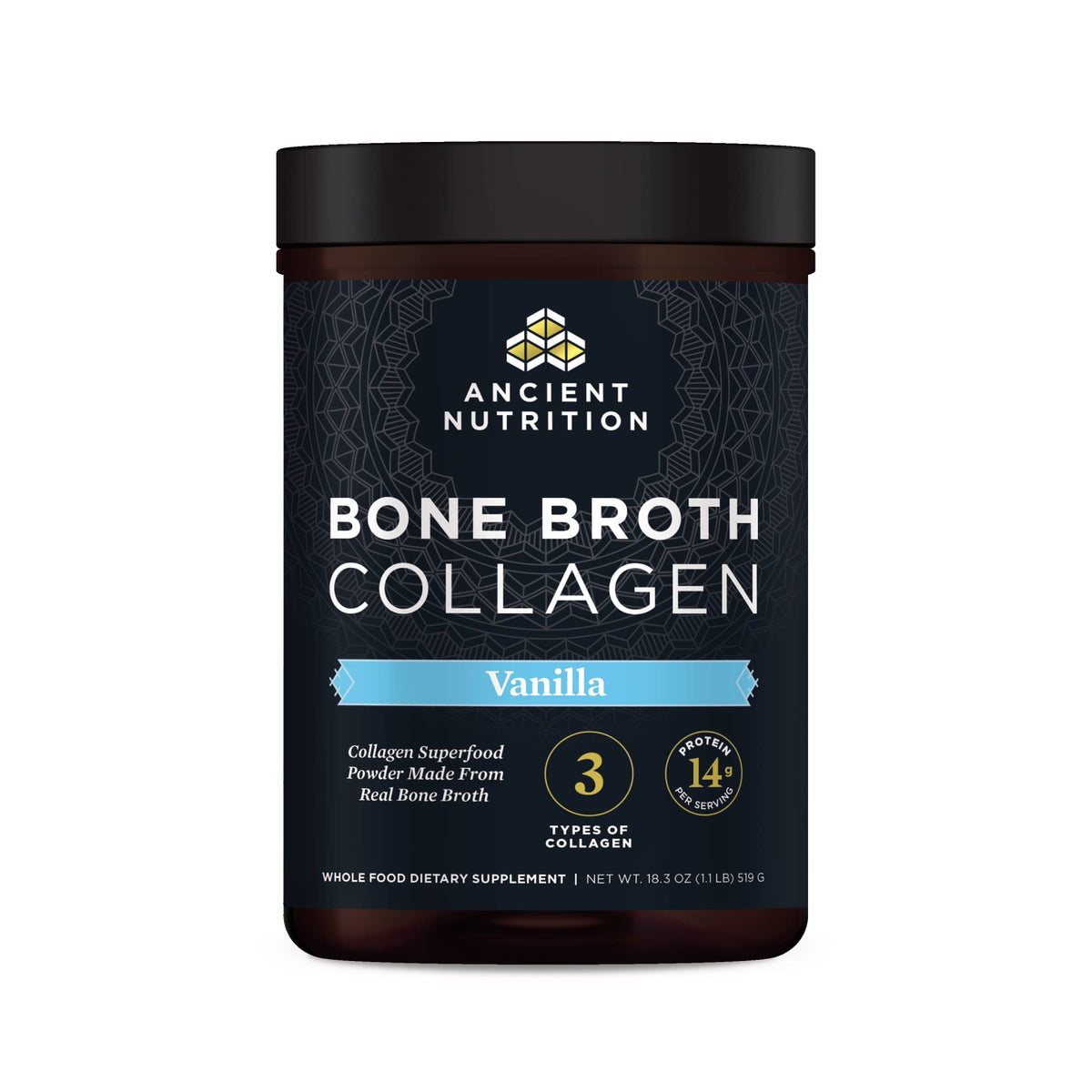 Ancient Nutrition Bone Broth Collagen Powder Vanilla bottle with scoop