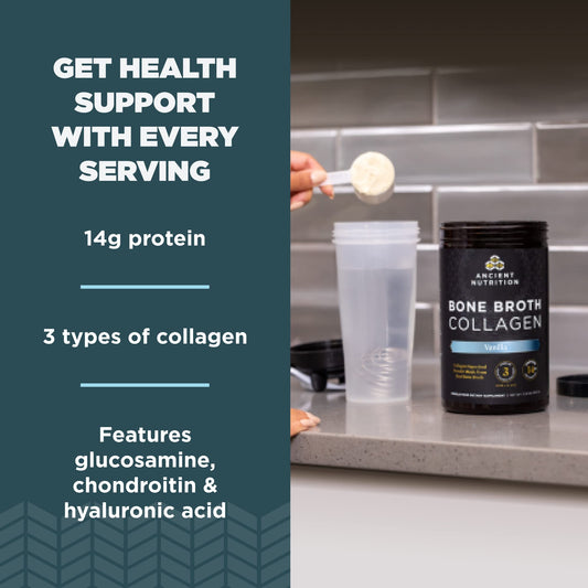 Scoop pouring vanilla collagen powder into a glass