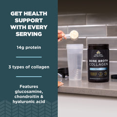 Scoop pouring vanilla collagen powder into a glass