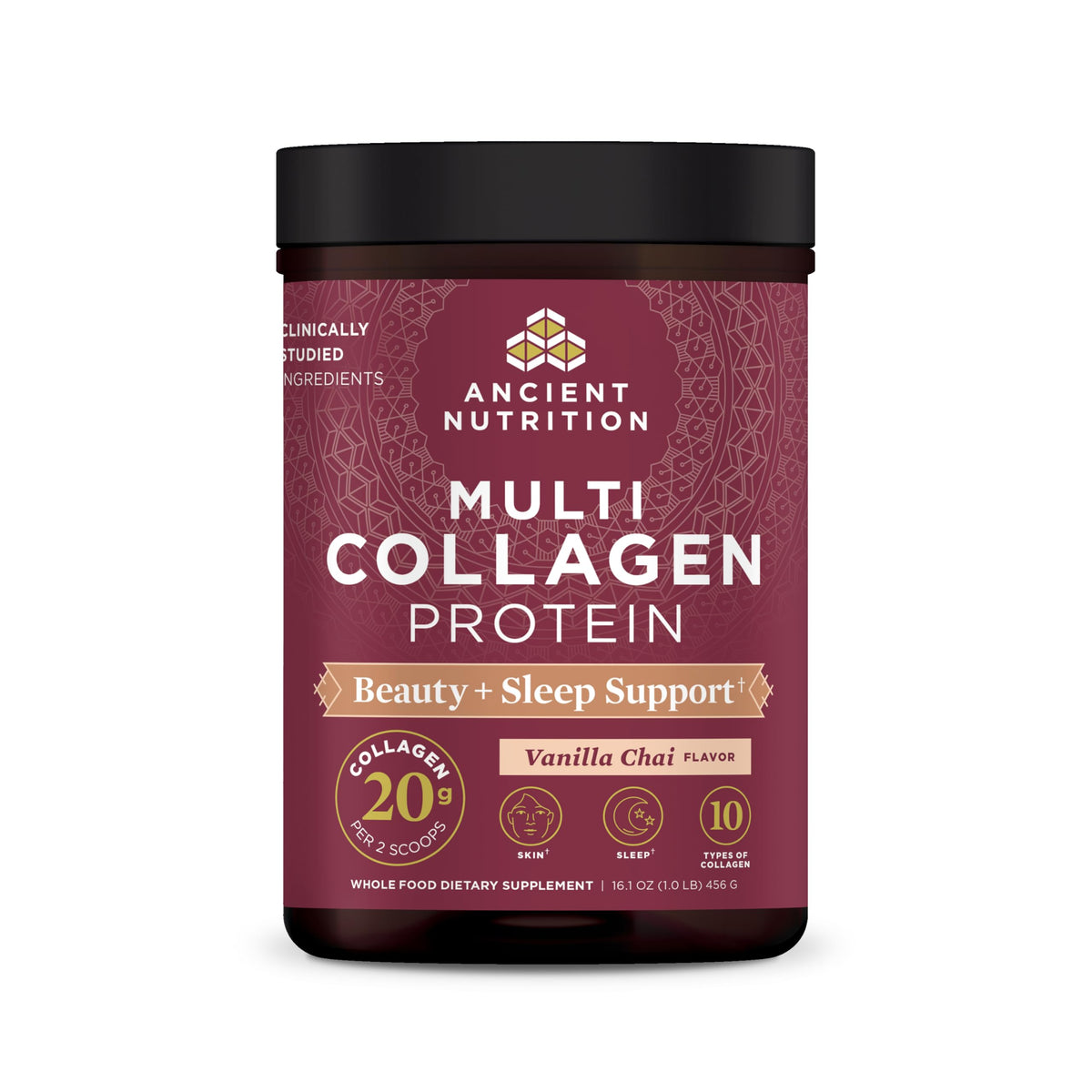 Front label of Ancient Nutrition Multi Collagen Beauty + Sleep Vanilla Chai 16.1oz