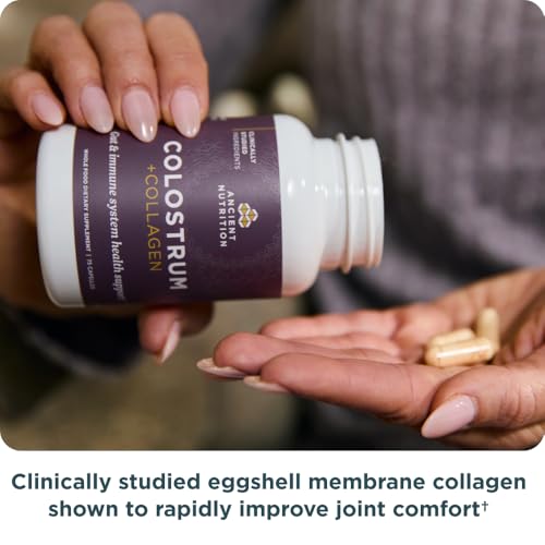 Product label showing grass-fed bovine colostrum and eggshell membrane collagen