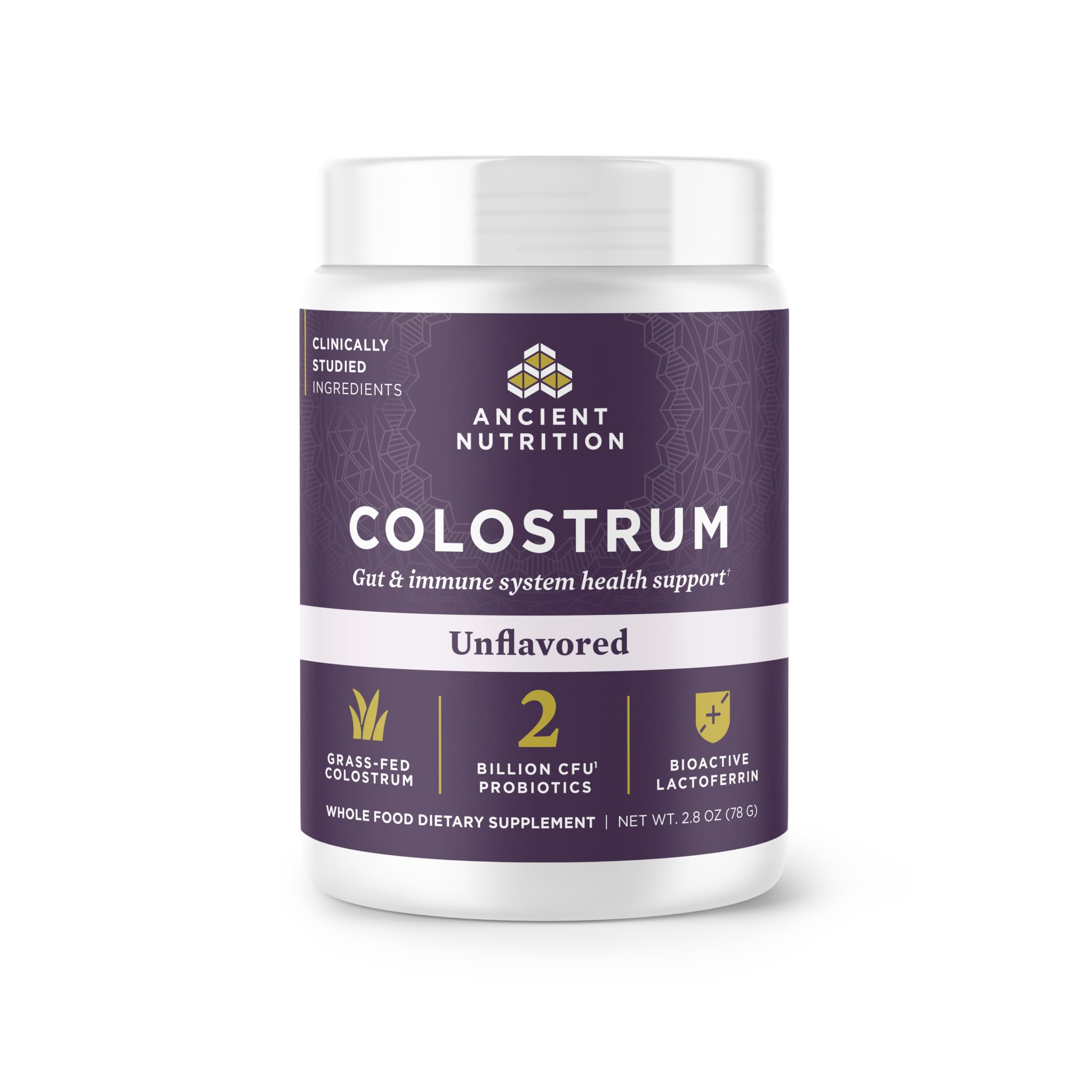 Canister of Ancient Nutrition Colostrum Superfood Powder with grass-fed label