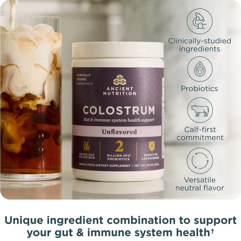 Bottle labeled Grass-Fed Bovine Colostrum for immune and gut support