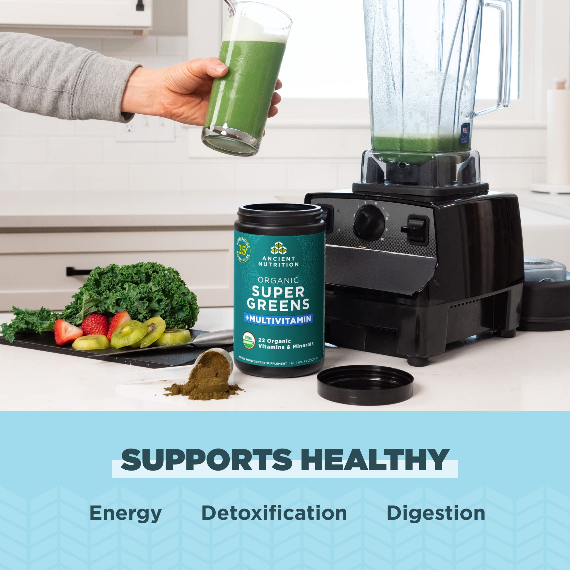 Ancient Nutrition greens powder stirred into a glass for a quick energy boost.