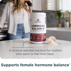 Ancient Nutrition Hormone Balance powder scoop beside tub for quick servings.
