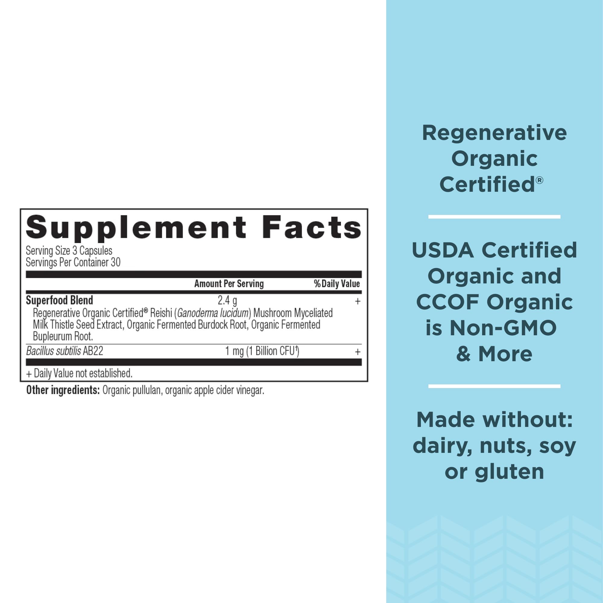 Bottle label featuring Burdock Root and Reishi for liver support
