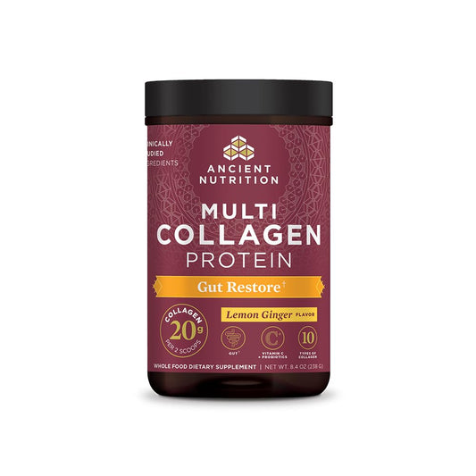 Ancient Nutrition Multi Collagen Protein tub with Gut Restore label