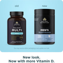 Ancient Nutrition Multivitamin for Men bottle label highlights 21 vitamins and minerals