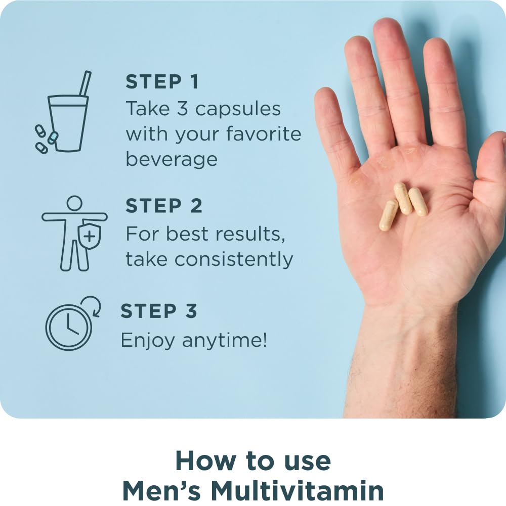 Ancient Nutrition Multivitamin for Men bottle pour illustrating daily intake