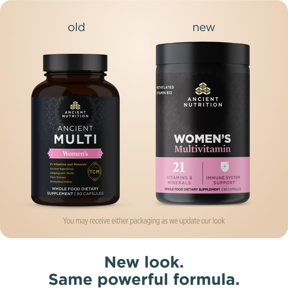 Ancient Nutrition multivitamin for Women capsules closeup showing energy and bone health support