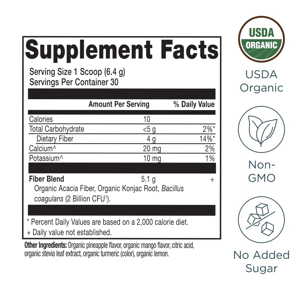 Close-up of Pineapple Mango flavored Organic Fiber Powder canister label
