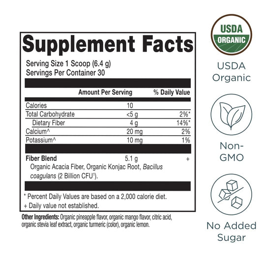 Close-up of Pineapple Mango flavored Organic Fiber Powder canister label